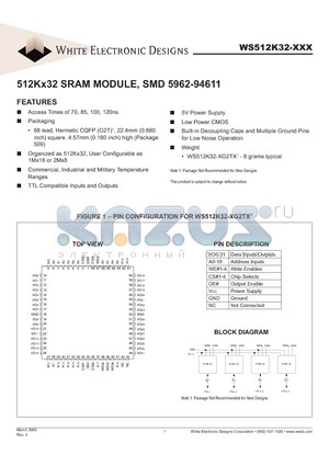 WS512K32-70G2TIA datasheet - 512Kx32 SRAM MODULE, SMD 5962-94611