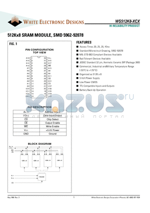 WS512K8-20CCA datasheet - 512Kx8 SRAM MODULE, SMD 5962-92078
