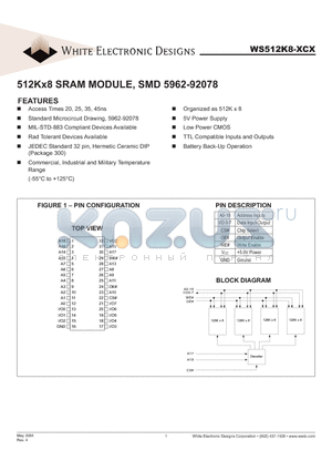 WS512K8-20CI datasheet - 512Kx8 SRAM MODULE, SMD 5962-92078