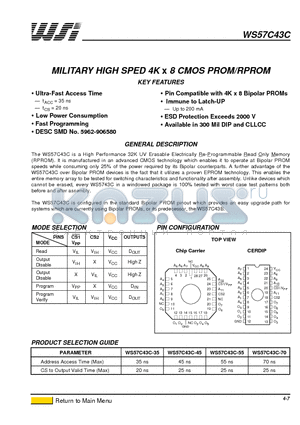 WS57C43C-70 datasheet - MILITARY HIGH SPED 4K x 8 CMOS PROM/RPROM