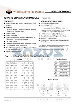 WSF128K32 datasheet - 128K x 32 SRAM/FLASH MODULE