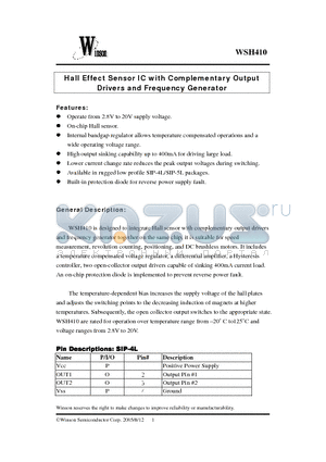 WSH410-XPCN3 datasheet - Hall Effect Sensor IC with Complementary Output Drivers and Frequency Generator