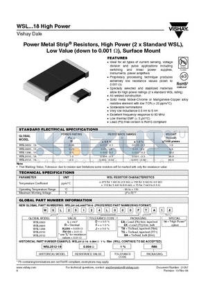 WSL0603RJTA18 datasheet - Power Metal Strip^ Resistors, High Power (2 x Standard WSL), Low Value (down to 0.001 Y), Surface Mount