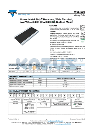 WSL1020 datasheet - Power Metal Strip^ Resistors, Wide Terminal, Low Value (0.003  to 0.006 ), Surface Mount