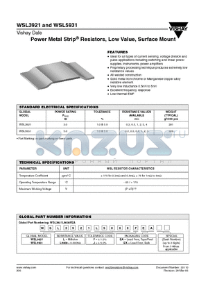 WSL3921 datasheet - Power Metal Strip Resistors, Low Value, Surface Mount