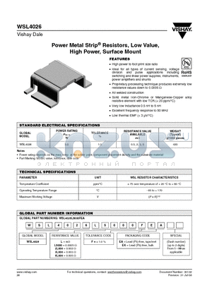 WSL40262L000FEK datasheet - Power Metal Strip^ Resistors, Low Value, High Power, Surface Mount
