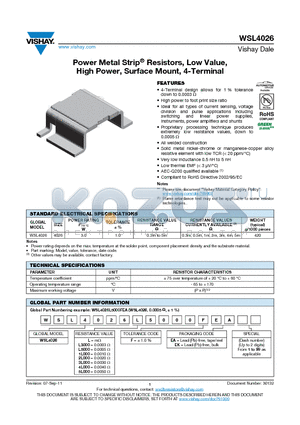 WSL4026_11 datasheet - Power Metal Strip^ Resistors, Low Value, High Power, Surface Mount, 4-Terminal