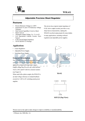 WSL432-XPA3 datasheet - Adjustable Precision Shunt Regulator