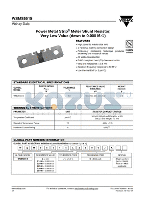 WSMS5515L5000JK datasheet - Power Metal Strip^ Meter Shunt Resistor, Very Low Value (down to 0.00016 Y)