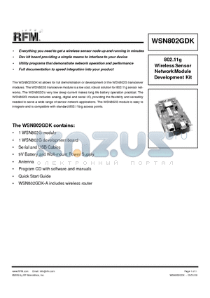 WSN802GDK datasheet - 802.11g WirelessSensor NetworkModule Development Kit