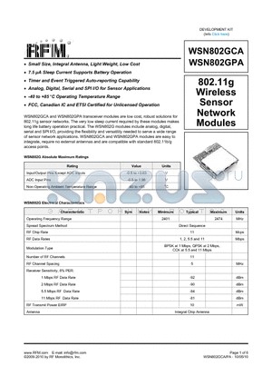 WSN802GPA datasheet - 802.11g Wireless Sensor Network Modules