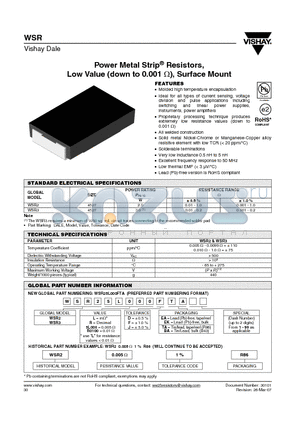 WSR2L0100FEA datasheet - Power Metal Strip^ Resistors, Low Value (down to 0.001 Y), Surface Mount