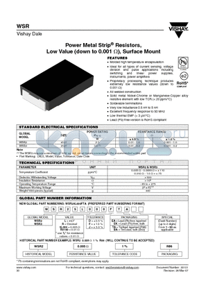 WSR2RRDTA datasheet - Power Metal Strip^ Resistors, Low Value (down to 0.001 Y), Surface Mount