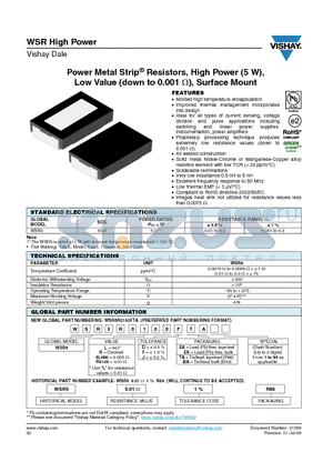 WSR5 datasheet - Power Metal Strip^ Resistors, High Power (5 W), Low Value (down to 0.001 Y), Surface Mount