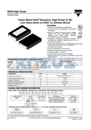 WSR5LDTA datasheet - Power Metal Strip^ Resistors, High Power (5 W), Low Value (down to 0.001 Y), Surface Mount