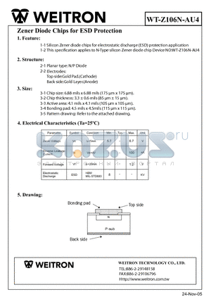 WT-Z106N-AU4 datasheet - Zener Diode Chips for ESD Protection