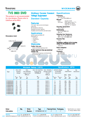 WT0603ML090A datasheet - Multilayer Ceramic Transient Voltage Suppressor Standard Capacity