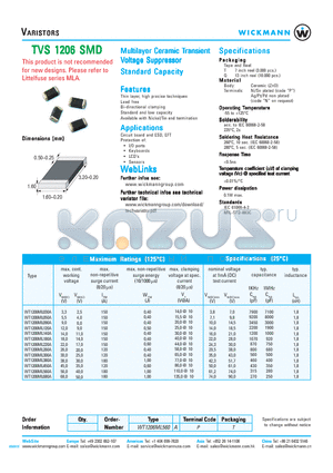 WT1206ML120A datasheet - Multilayer Ceramic Transient Voltage Suppressor Standard Capacity