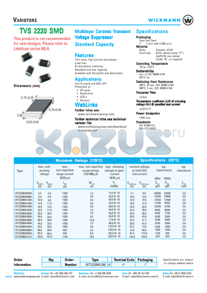 WT2220ML120A datasheet - Multilayer Ceramic Transient Voltage Suppressor Standard Capacity