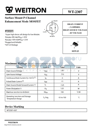 WT2307 datasheet - Surface Mount P-Channel Enhancement Mode MOSFET