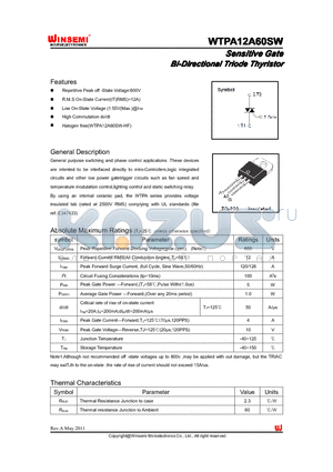 WTPA12A60SW datasheet - Sensitive Gate Bi-Directional Triode Thyristor