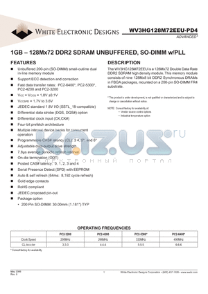 WV3HG128M72EEU806PD4MG datasheet - 1GB - 128Mx72 DDR2 SDRAM UNBUFFERED, SO-DIMM w/PLL