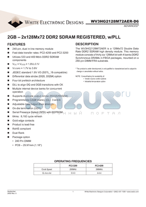WV3HG2128M72AER534D6SG datasheet - 2GB - 2x128Mx72 DDR2 SDRAM REGISTERED, w/PLL