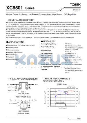 XC6501A12AGR datasheet - Output Capacitor-Less, Low Power Consumption, High Speed LDO Regulator