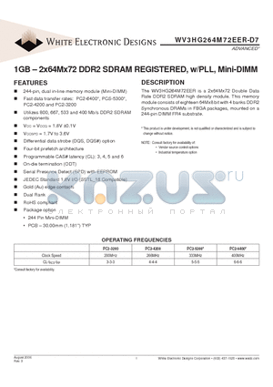WV3HG264M72EER-D7 datasheet - 1GB - 2x64Mx72 DDR2 SDRAM REGISTERED, w/PLL, Mini-DIMM