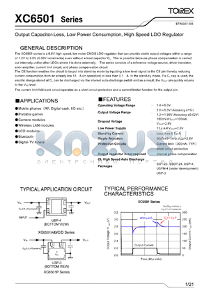 XC6501A50ANR datasheet - Output Capacitor-Less, Low Power Consumption, High Speed LDO Regulator