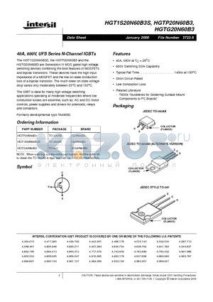 HGTG20N60B3 datasheet - 40A, 600V, UFS Series N-Channel IGBTs