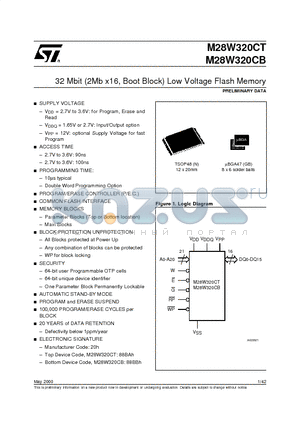 M28W320CB85GB1T datasheet - 32 Mbit (2Mb x16, Boot Block) 3V Supply Flash Memory