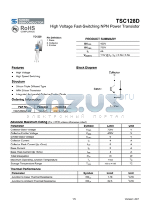 TSC128D datasheet - High Voltage Fast-Switching NPN Power Transistor