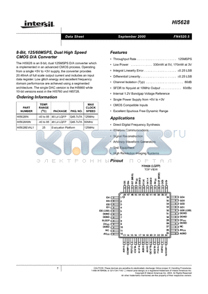 HI5628 datasheet - 8-Bit, 125/60MSPS, Dual High Speed CMOS D/A Converter