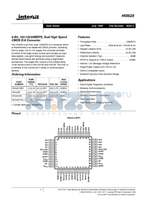 HI5628 datasheet - 8-Bit, 165/125/60MSPS, Dual High Speed CMOS D/A Converter