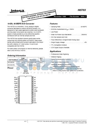 HI5703 datasheet - 10-Bit, 40 MSPS A/D Converter