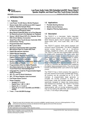 TSC2117IRGZT datasheet - Low-Power Audio Codec With Embedded miniDSP, Stereo Class-D Speaker Amplifier, and Smart Four-Wire Touch-Screen Controller