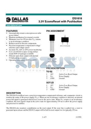 DS1818 datasheet - 3.3V EconoReset with Pushbutton