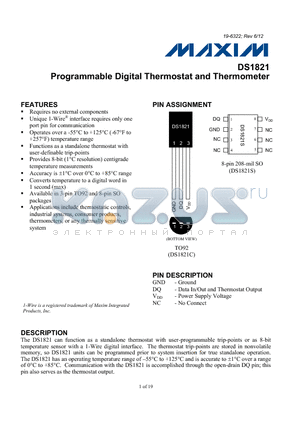 DS1821C+ datasheet - Programmable Digital Thermostat and Thermometer