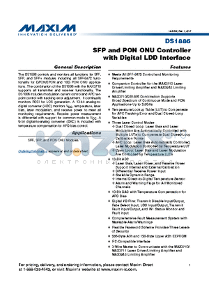 DS1886T+ datasheet - SFP and PON ONU Controller with Digital LDD Interface