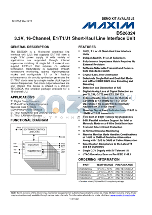 DS26324 datasheet - 3.3V, 16-Channel, E1/T1/J1 Short-Haul Line Interface Unit Independent E1, T1 or J1 Selections