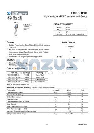 TSC5301DCTB0 datasheet - High Voltage NPN Transistor with Diode