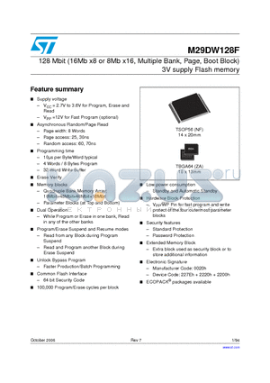M29DW128F70ZA1E datasheet - 128 Mbit (16Mb x8 or 8Mb x16, Multiple Bank, Page, Boot Block) 3V supply Flash memory