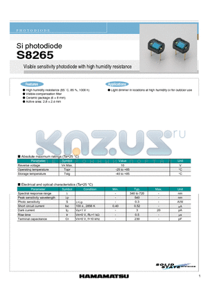 S8265 datasheet - Si photodiode Visible sensitivity photodiode with high humidity resistance