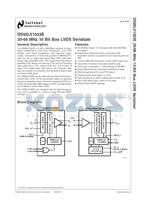 DS92LV1023E datasheet - 30-66 MHz 10 Bit Bus LVDS Serializer