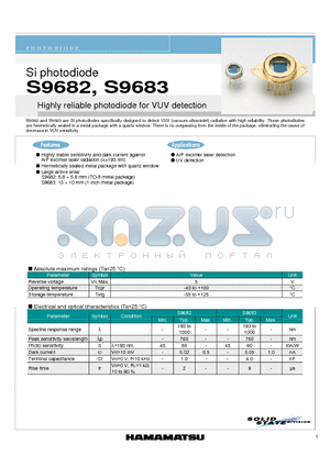 S9683 datasheet - Si photodiode Highly reliable photodiode for VUV detection