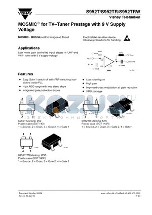 S952T datasheet - MOSMIC for TV-Tuner Prestage with 9 V Supply Voltage