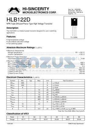 HLB122D datasheet - NPN Triple Diffused Planar Type High Voltage Transistor