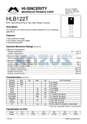 HLB122T datasheet - NPN Triple Diffused Planar Type High Voltage Transistor