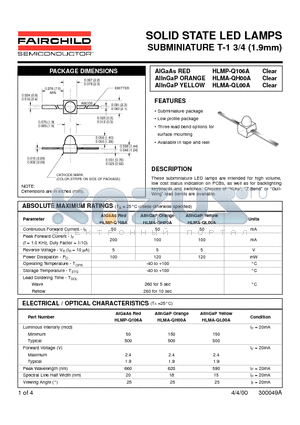 HLMA-QH00A datasheet - SOLID STATE LED LAMPS SUBMINIATURE T-1 3/4 1.9mm